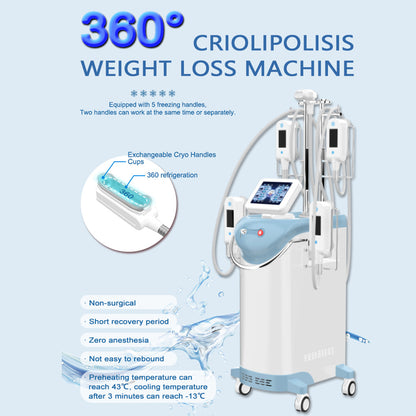 360 Cryolipolysis Machine with Vacuum RF Skin Tightening and Cavitation for Thigh Arm Abdomen Fat Reduction
